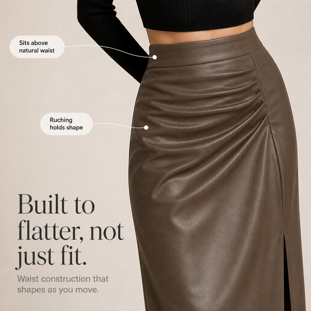 High-waisted faux leather midi skirt showing ruched waistband and side slit detail