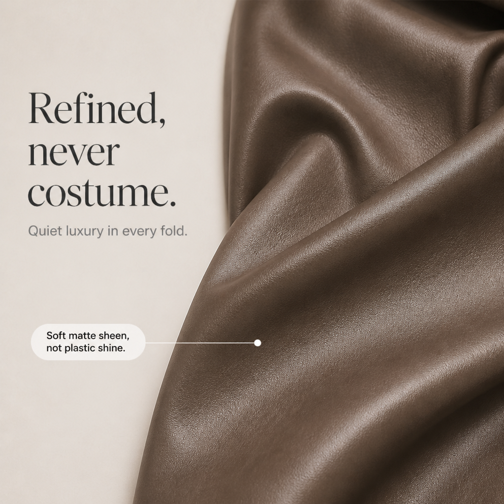 Faux leather midi skirt fabric close-up in taupe-brown with soft matte sheen
