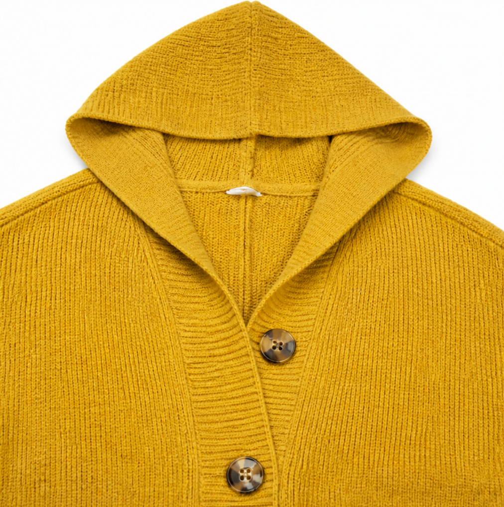 Yellow knit cardigan hood and upper button placket detail