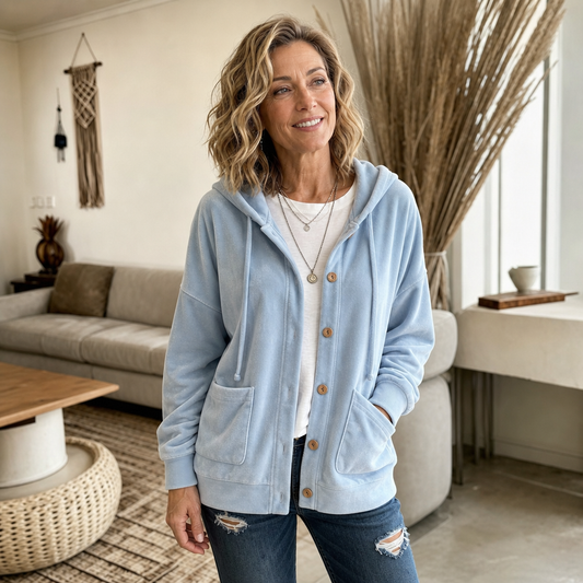 Light blue velour hooded cardigan with button front, drawstring hood, and side pockets