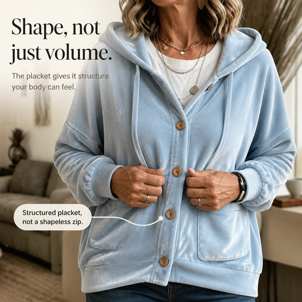 Hooded Button-Front Velour Cardigan