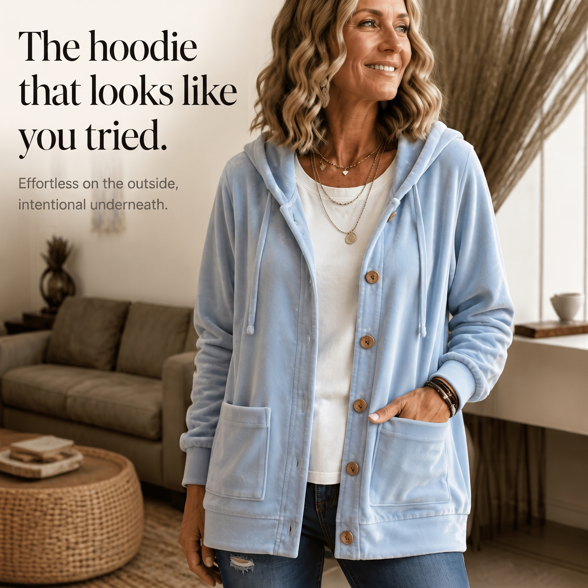 Hooded Button-Front Velour Cardigan