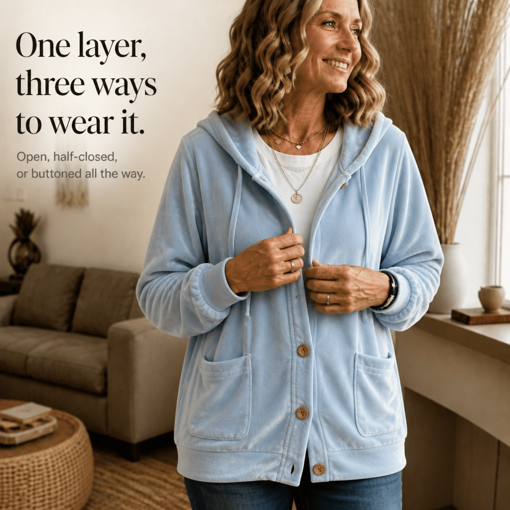 Hooded Button-Front Velour Cardigan