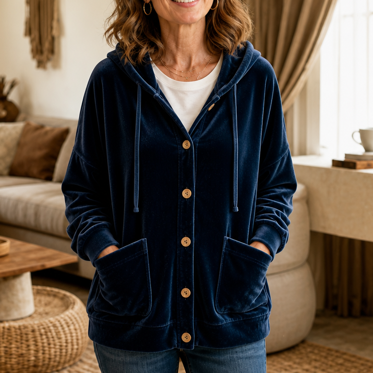 Hooded Button-Front Velour Cardigan