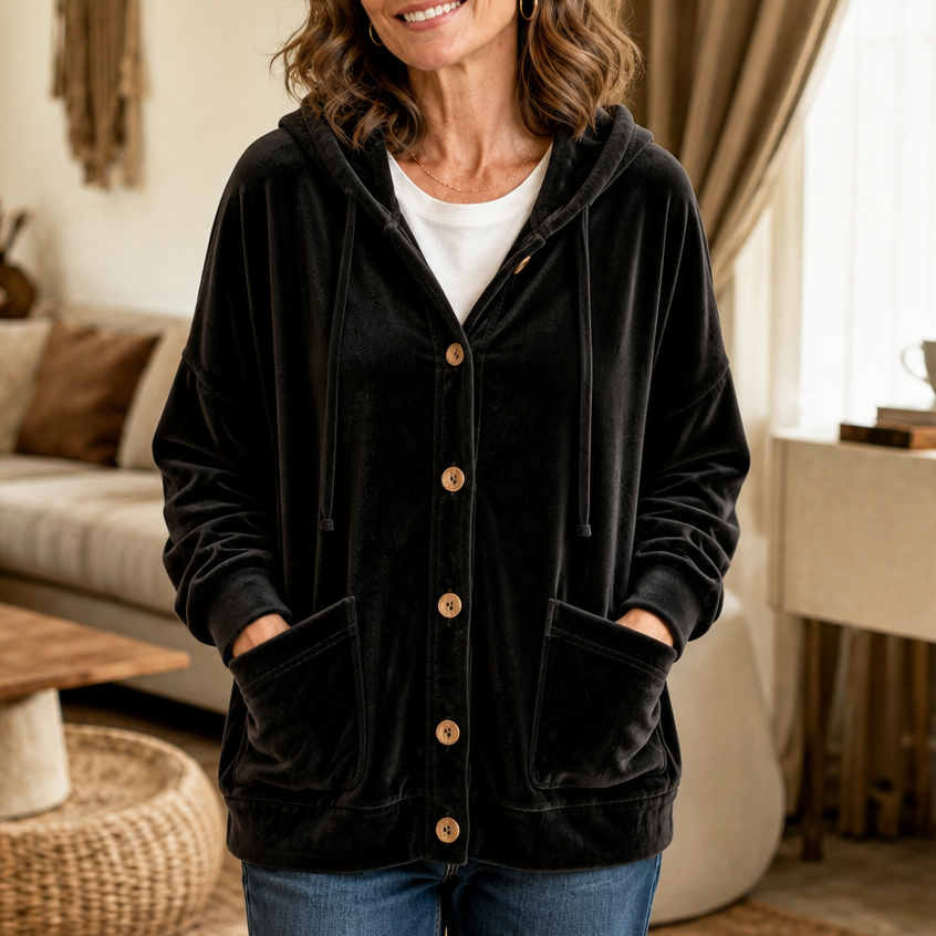 Hooded Button-Front Velour Cardigan