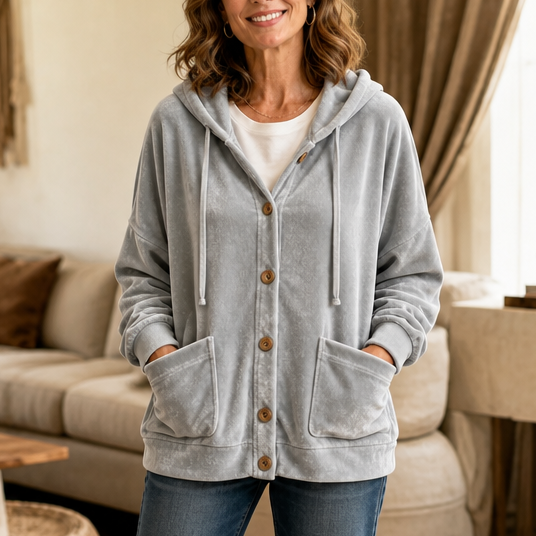 Hooded Button-Front Velour Cardigan