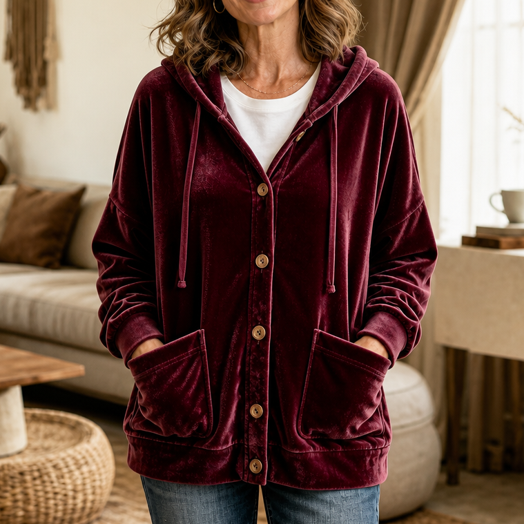 Hooded Button-Front Velour Cardigan