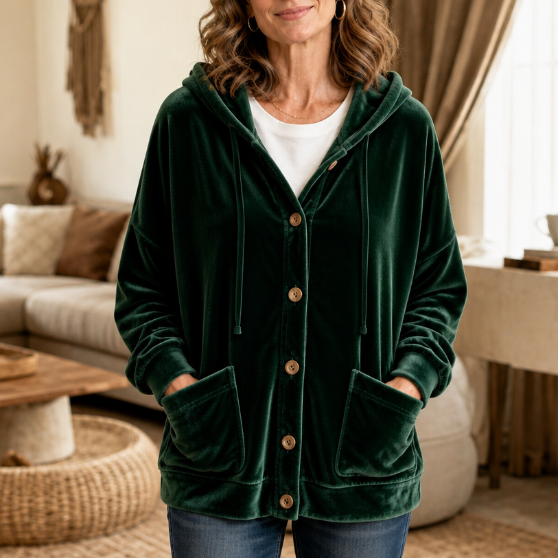 Hooded Button-Front Velour Cardigan