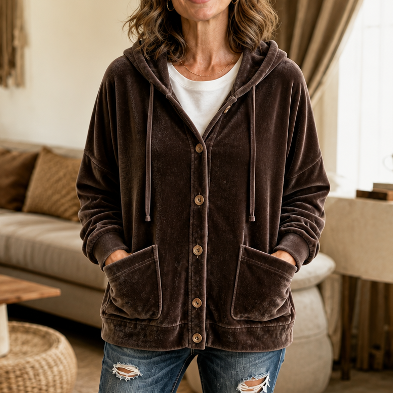 Hooded Button-Front Velour Cardigan