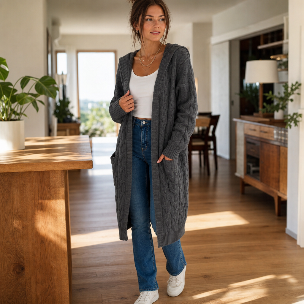 Hooded Longline Cable-Knit Cardigan