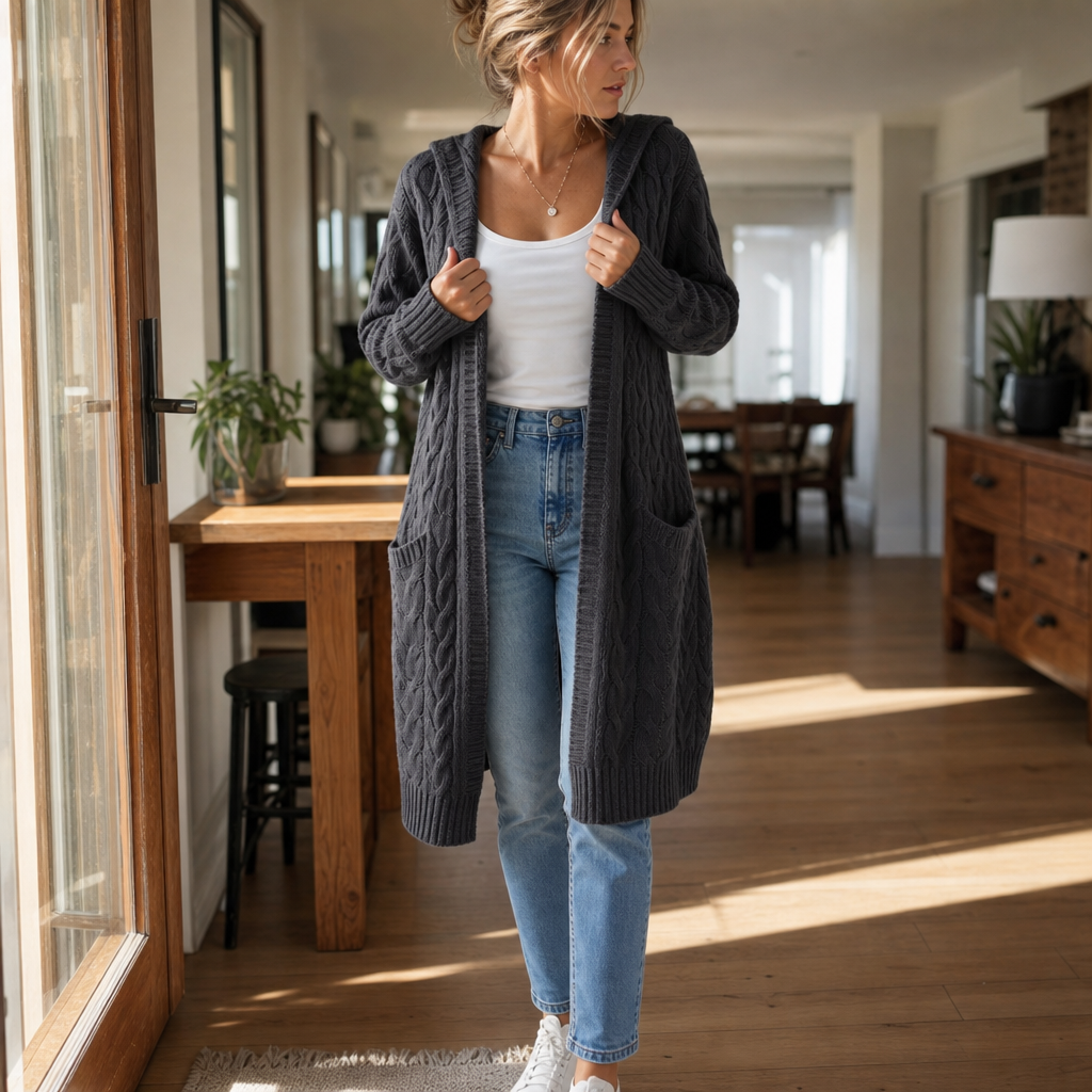 Hooded Longline Cable-Knit Cardigan