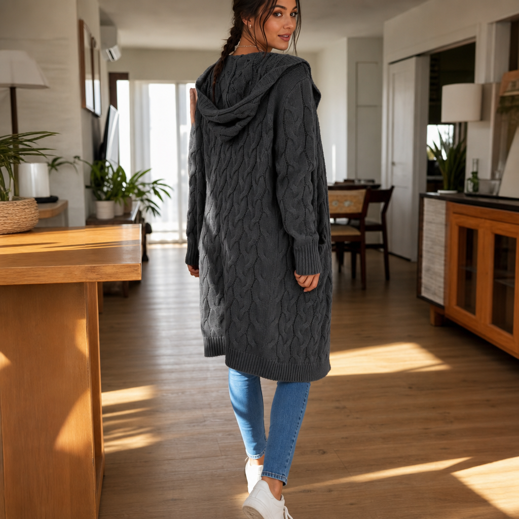Hooded Longline Cable-Knit Cardigan