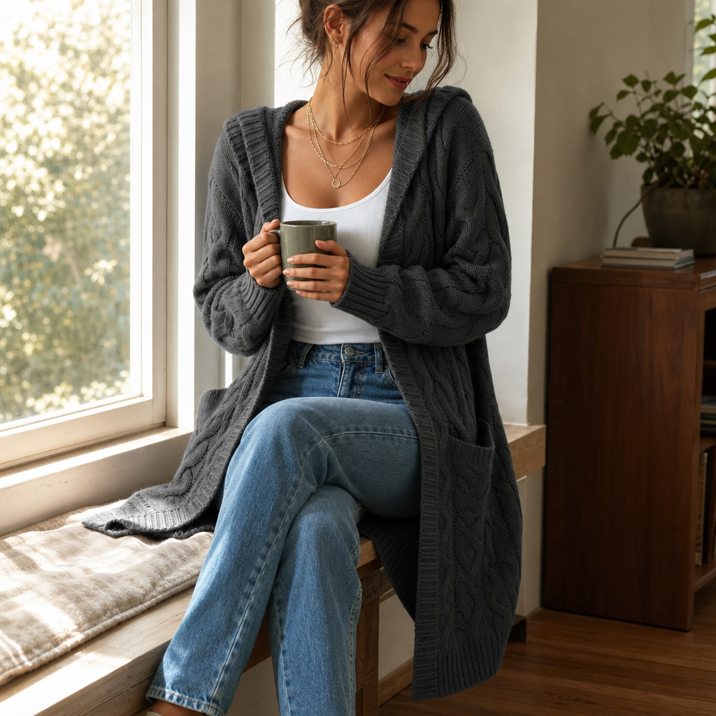 Hooded Longline Cable-Knit Cardigan