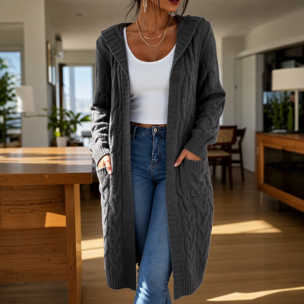 Hooded Longline Cable-Knit Cardigan
