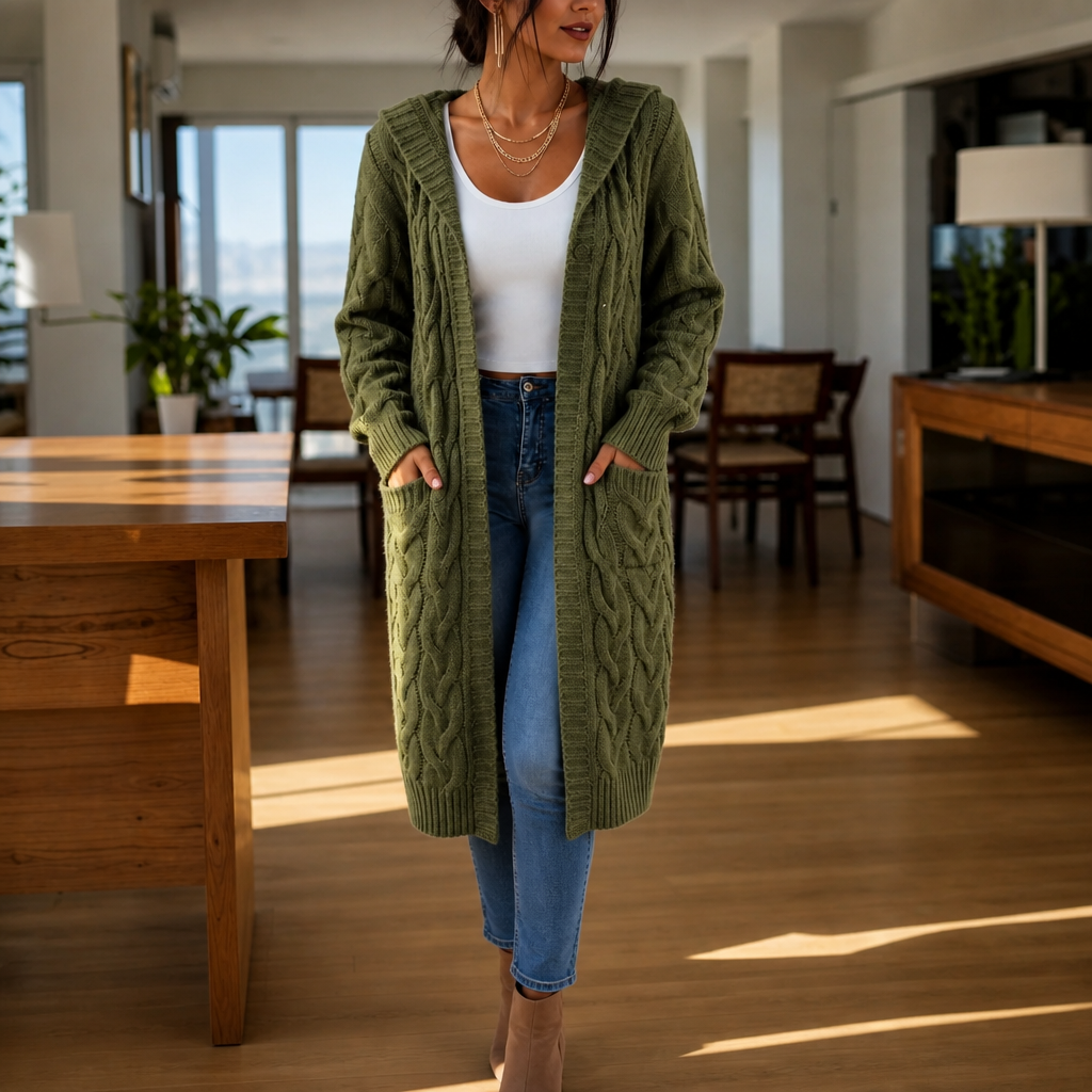 Hooded Longline Cable-Knit Cardigan