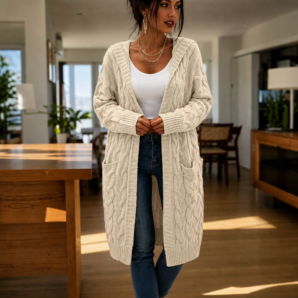 Hooded Longline Cable-Knit Cardigan