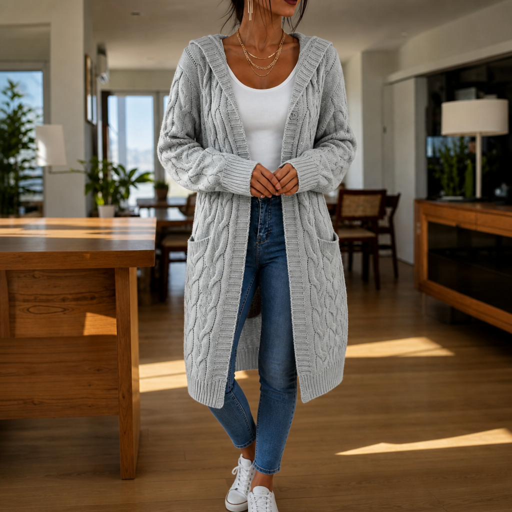 Hooded Longline Cable-Knit Cardigan