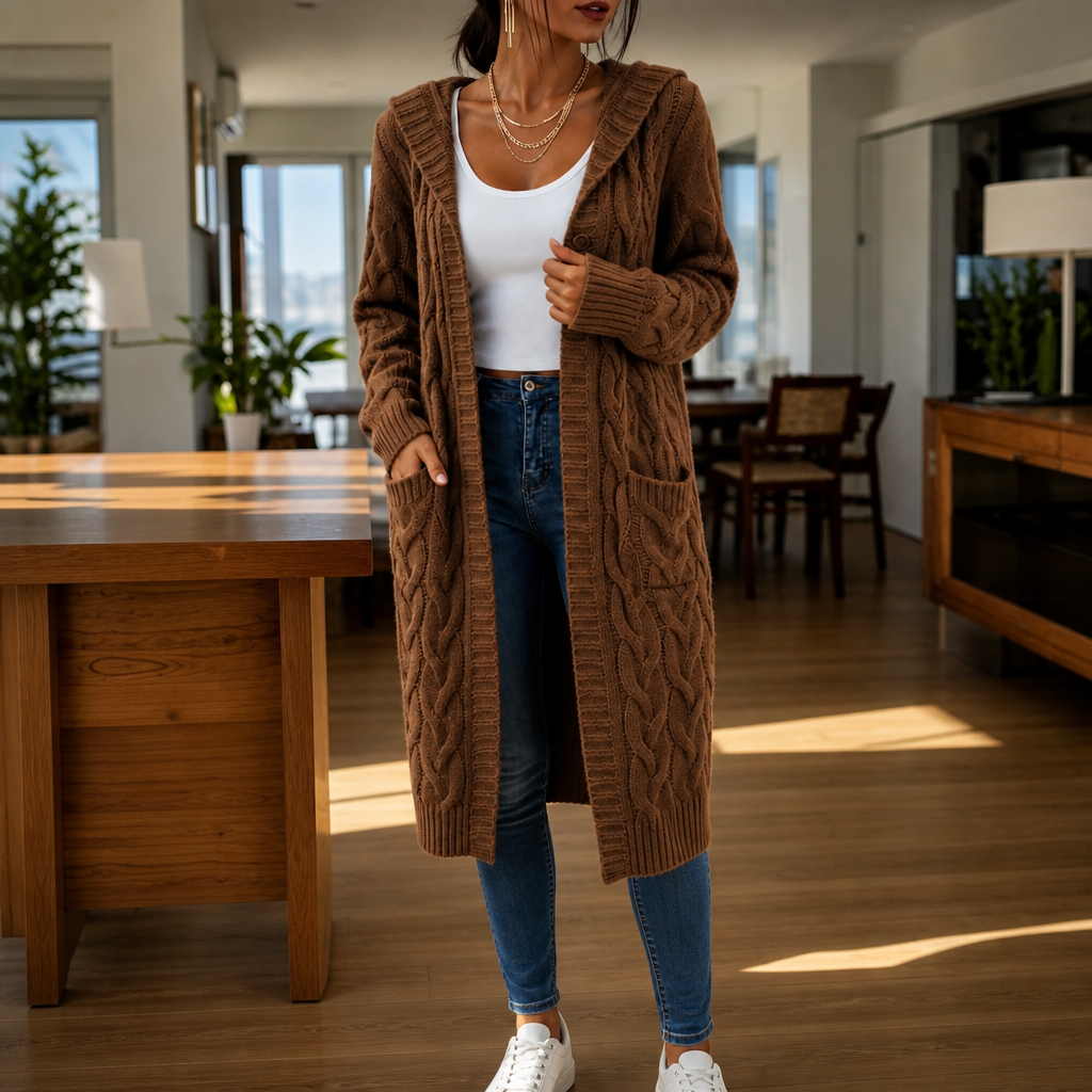 Hooded Longline Cable-Knit Cardigan