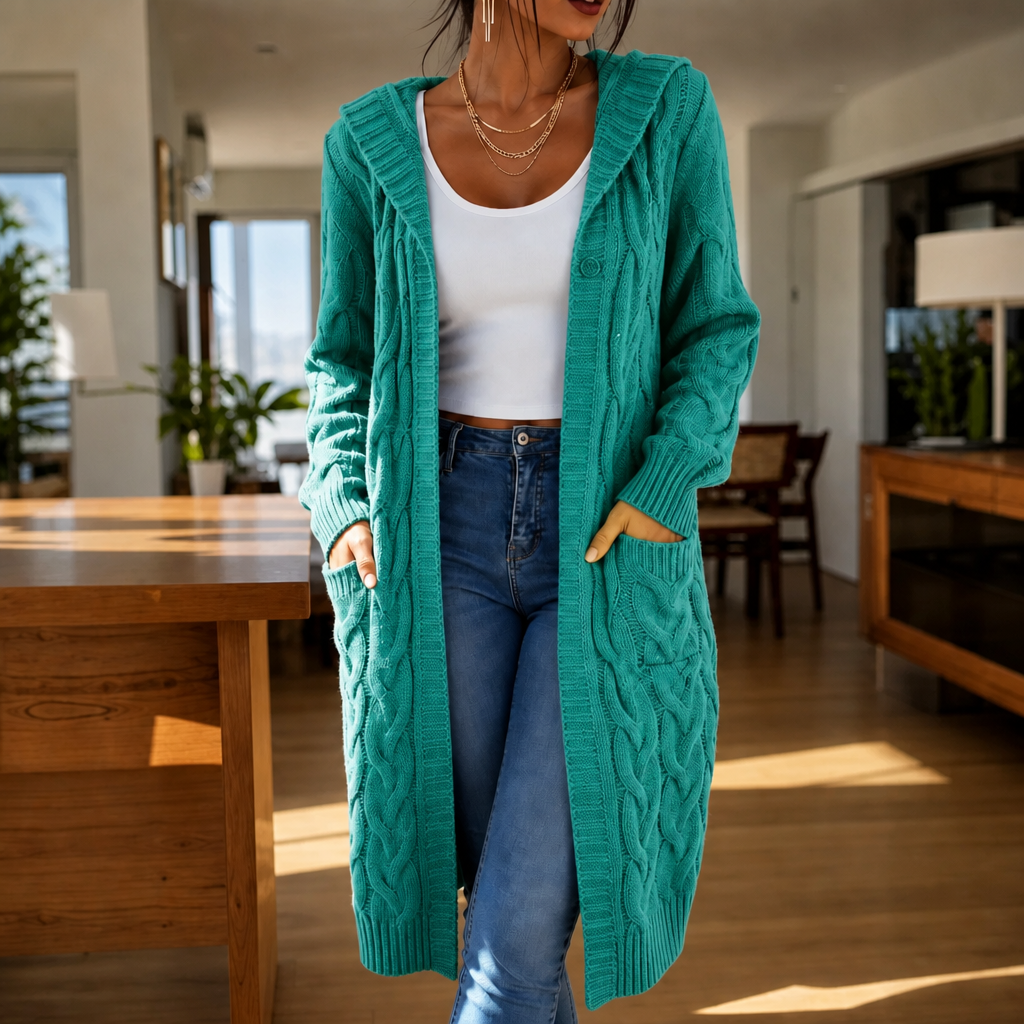 Hooded Longline Cable-Knit Cardigan