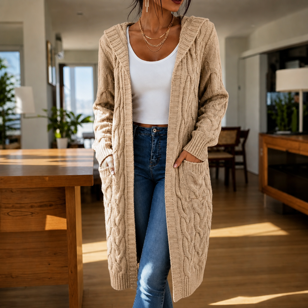 Hooded Longline Cable-Knit Cardigan