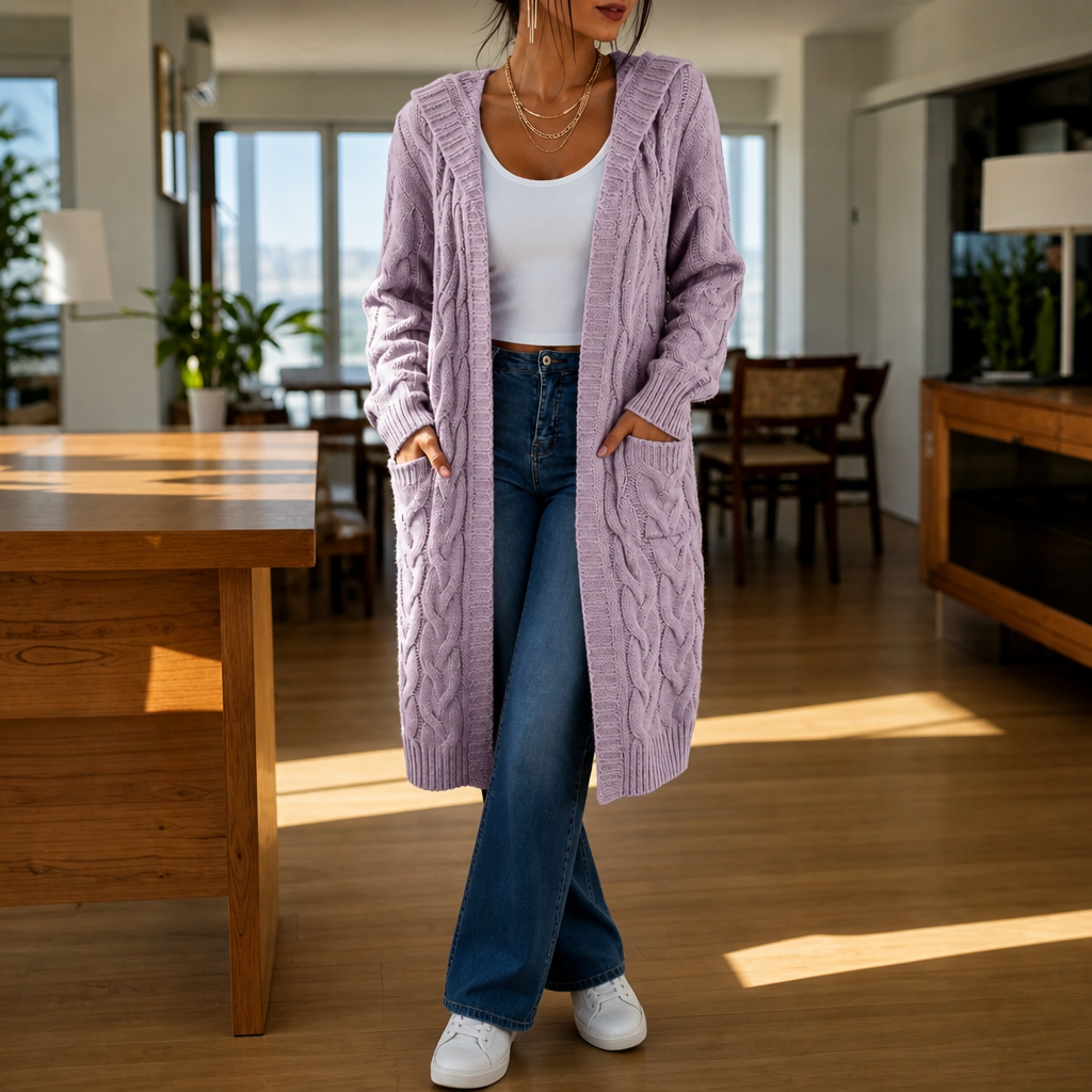 Hooded Longline Cable-Knit Cardigan