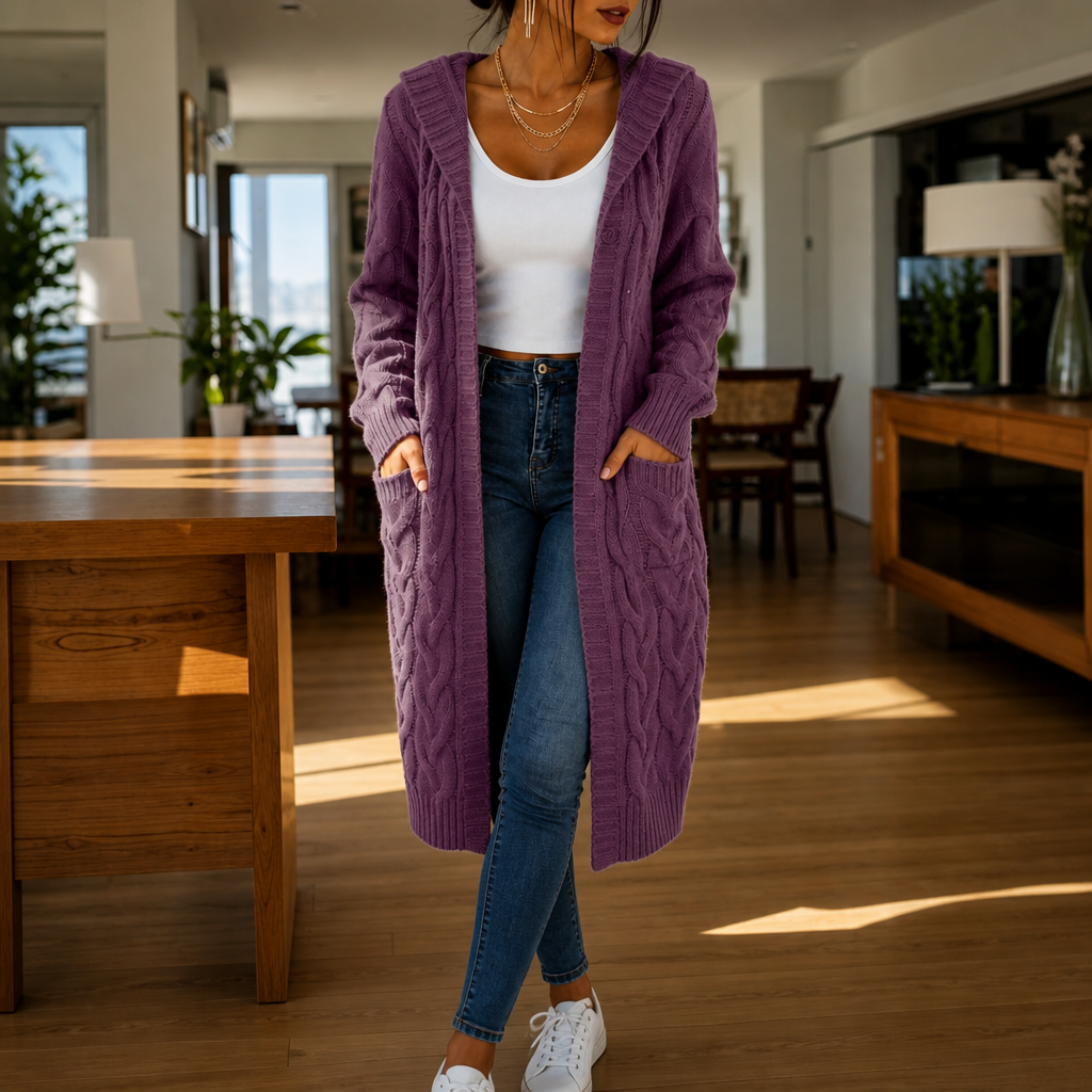 Hooded Longline Cable-Knit Cardigan