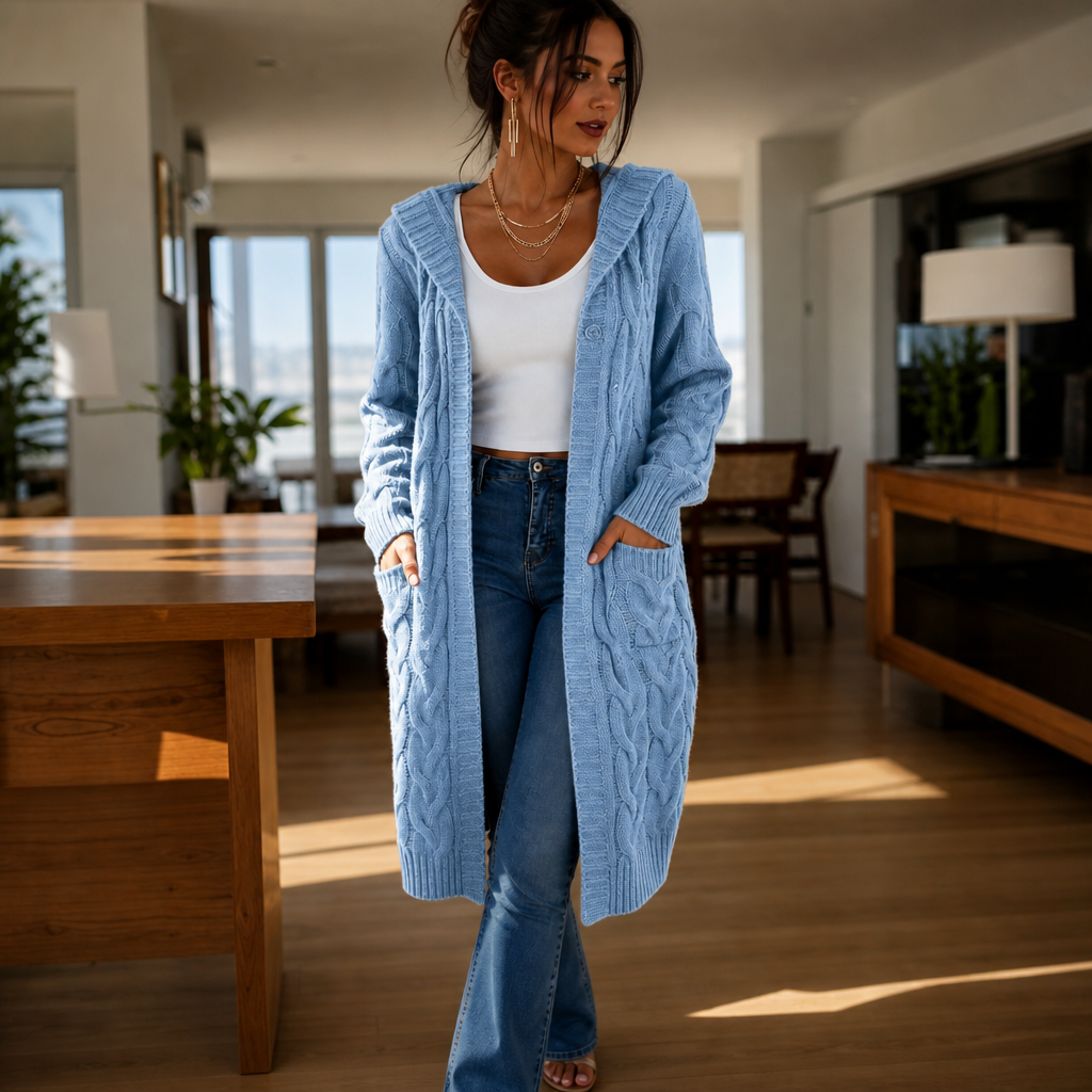 Hooded Longline Cable-Knit Cardigan