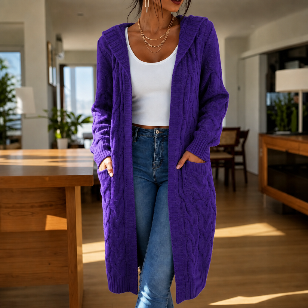 Hooded Longline Cable-Knit Cardigan
