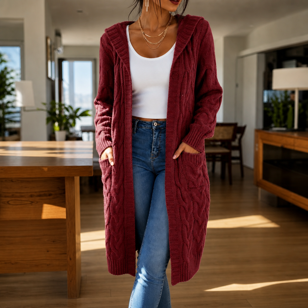 Hooded Longline Cable-Knit Cardigan