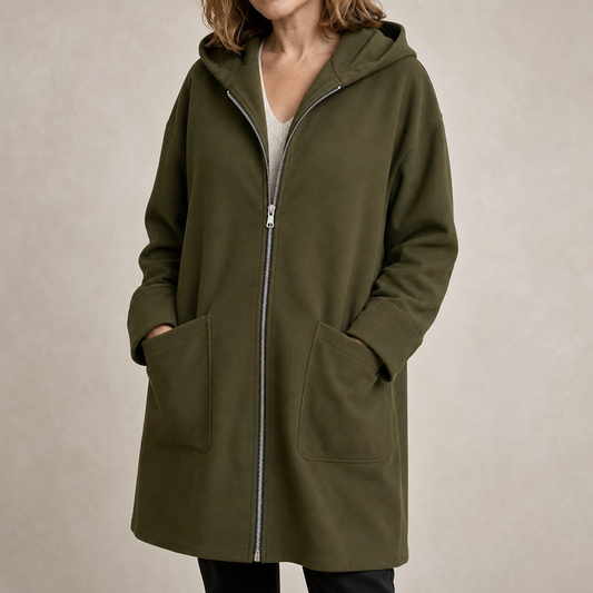 Olive green hooded mid-length zip-front jacket with two front pockets and drawstring hem