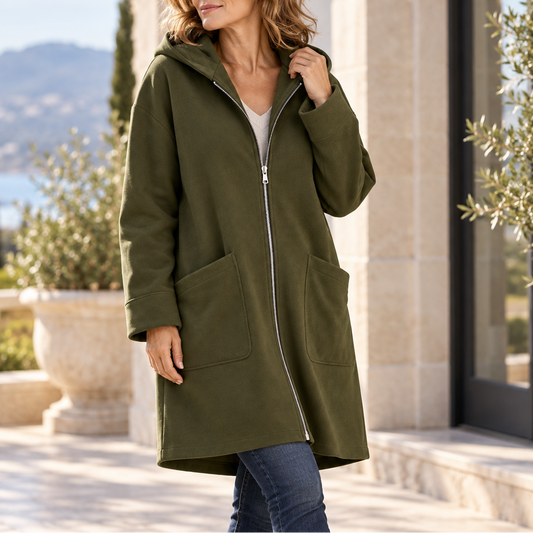 Olive green mid-length hooded jacket with zip front and side seam pockets