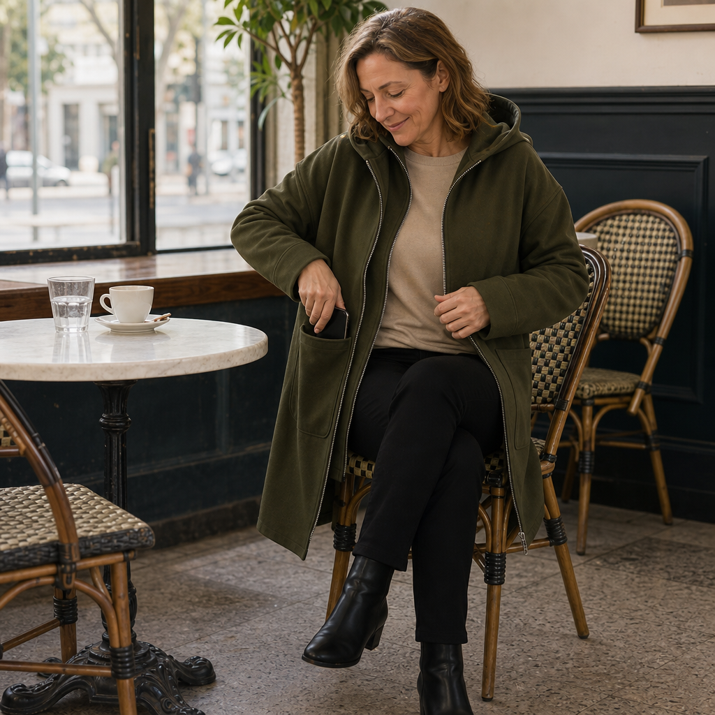 Olive green zip-up hooded mid-length jacket with kangaroo-style front pockets
