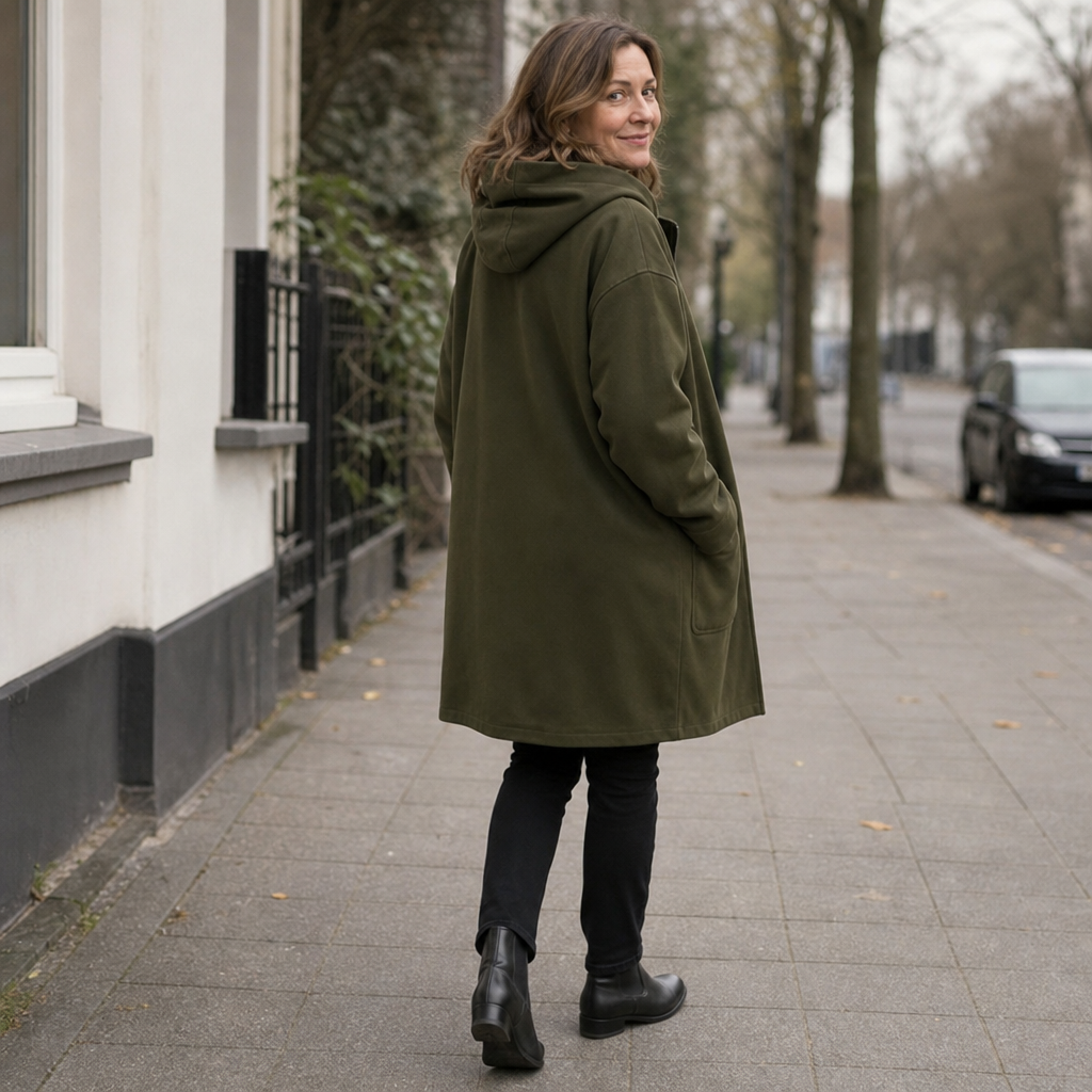 Olive green hooded mid-length zip jacket with patch pockets and long sleeves
