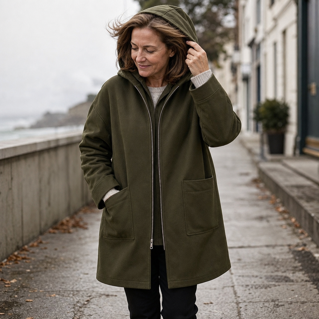 Olive green hooded mid-length zip jacket with front pockets and drawstring hood