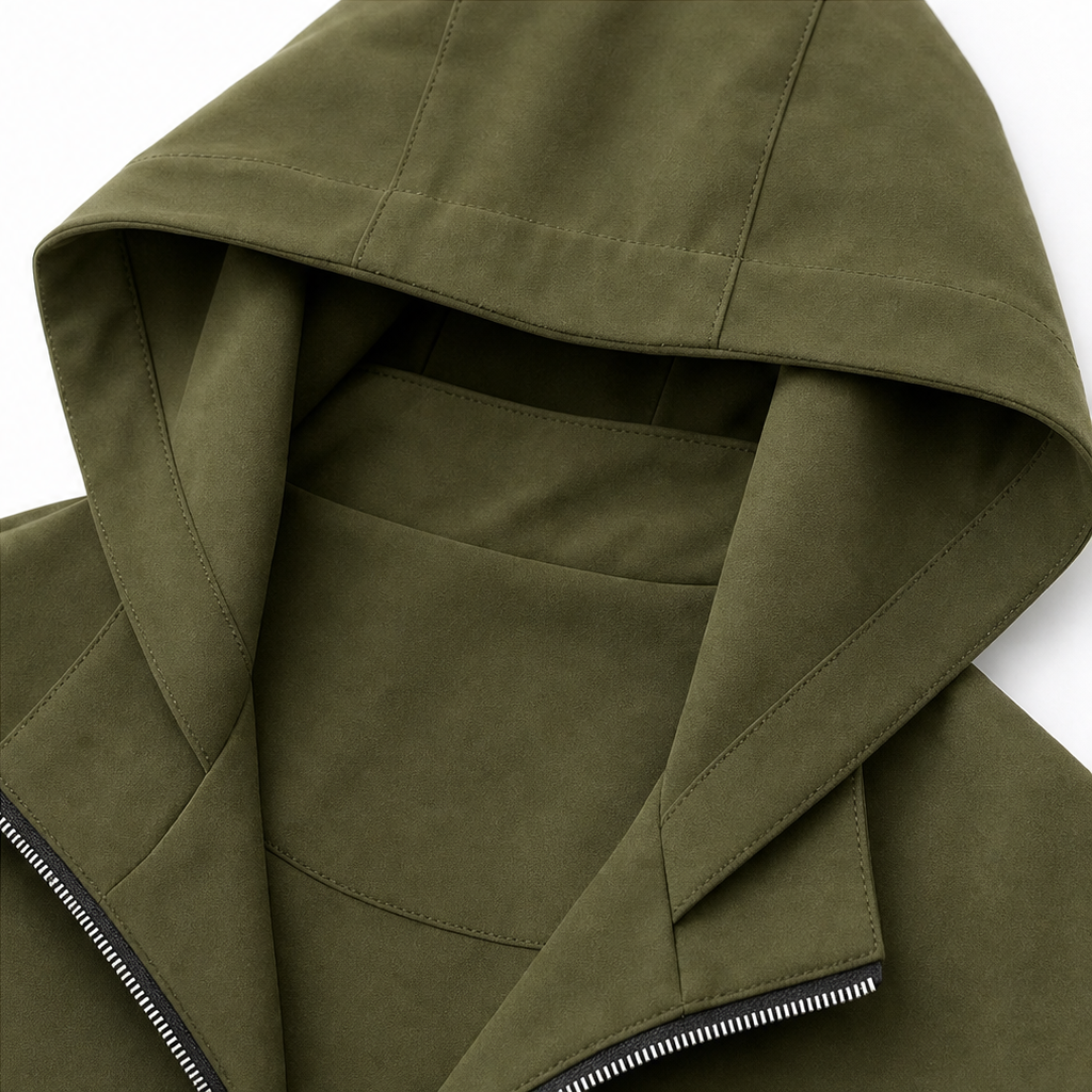 Olive green hood interior with contrast stitching and hidden zipper opening detail