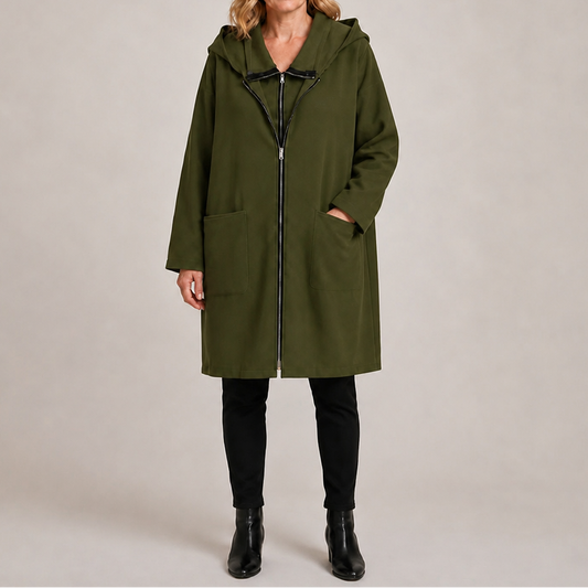 Olive green mid-length hooded zip-up jacket with two front pockets