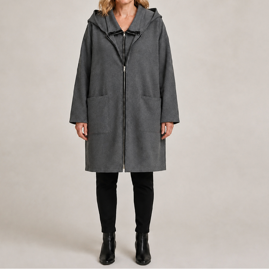 Heather gray mid-length hooded zip-up jacket with two front pockets