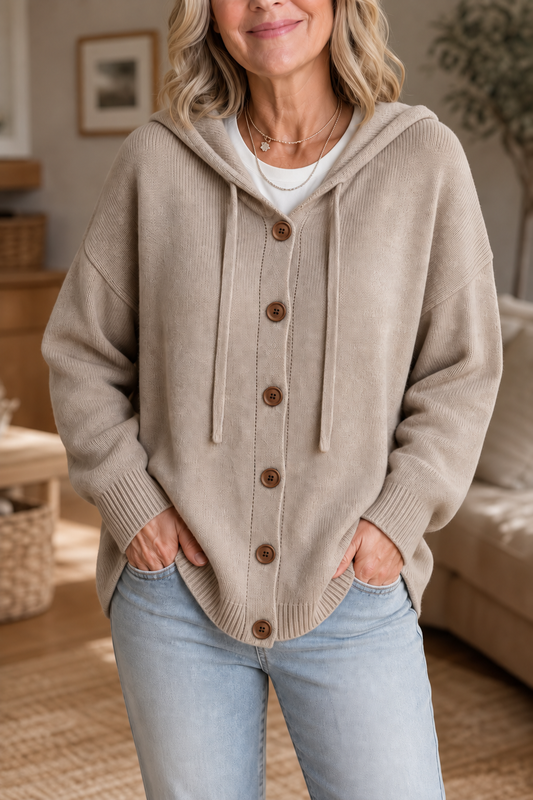 Apricot ribbed knit hooded cardigan with drawstrings, brown buttons, and front pockets