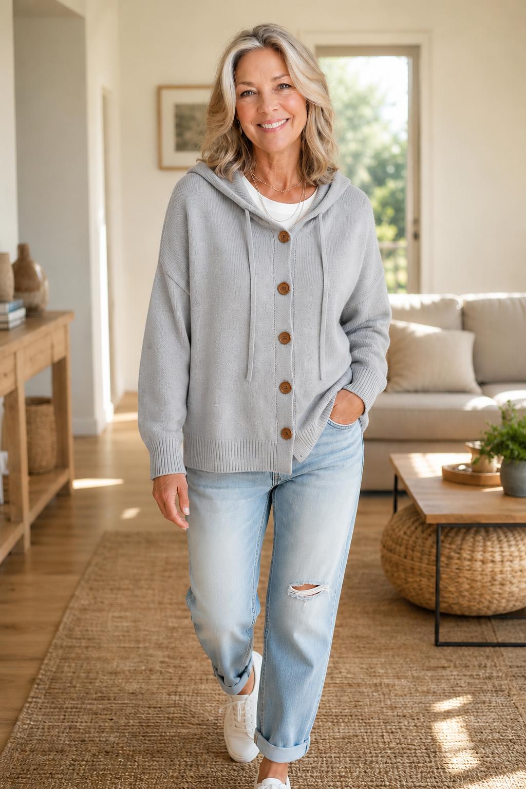 Gray hooded ribbed knit cardigan with drawstrings and brown buttons