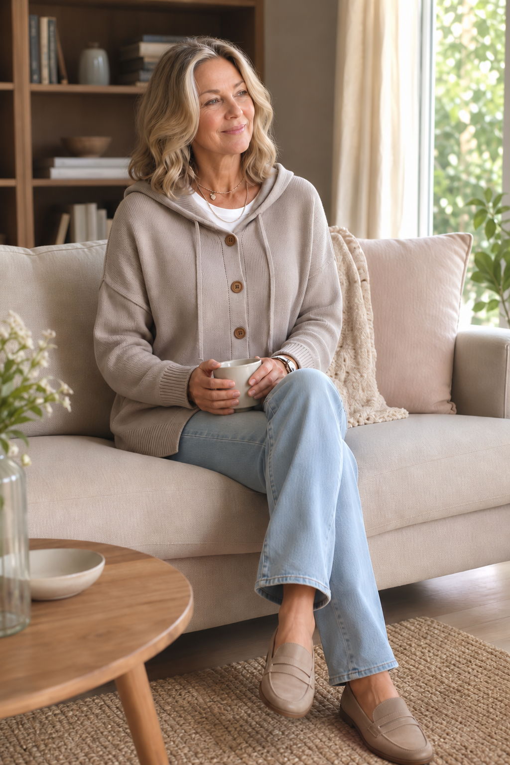 Apricot hooded knit cardigan with button front and ribbed trim
