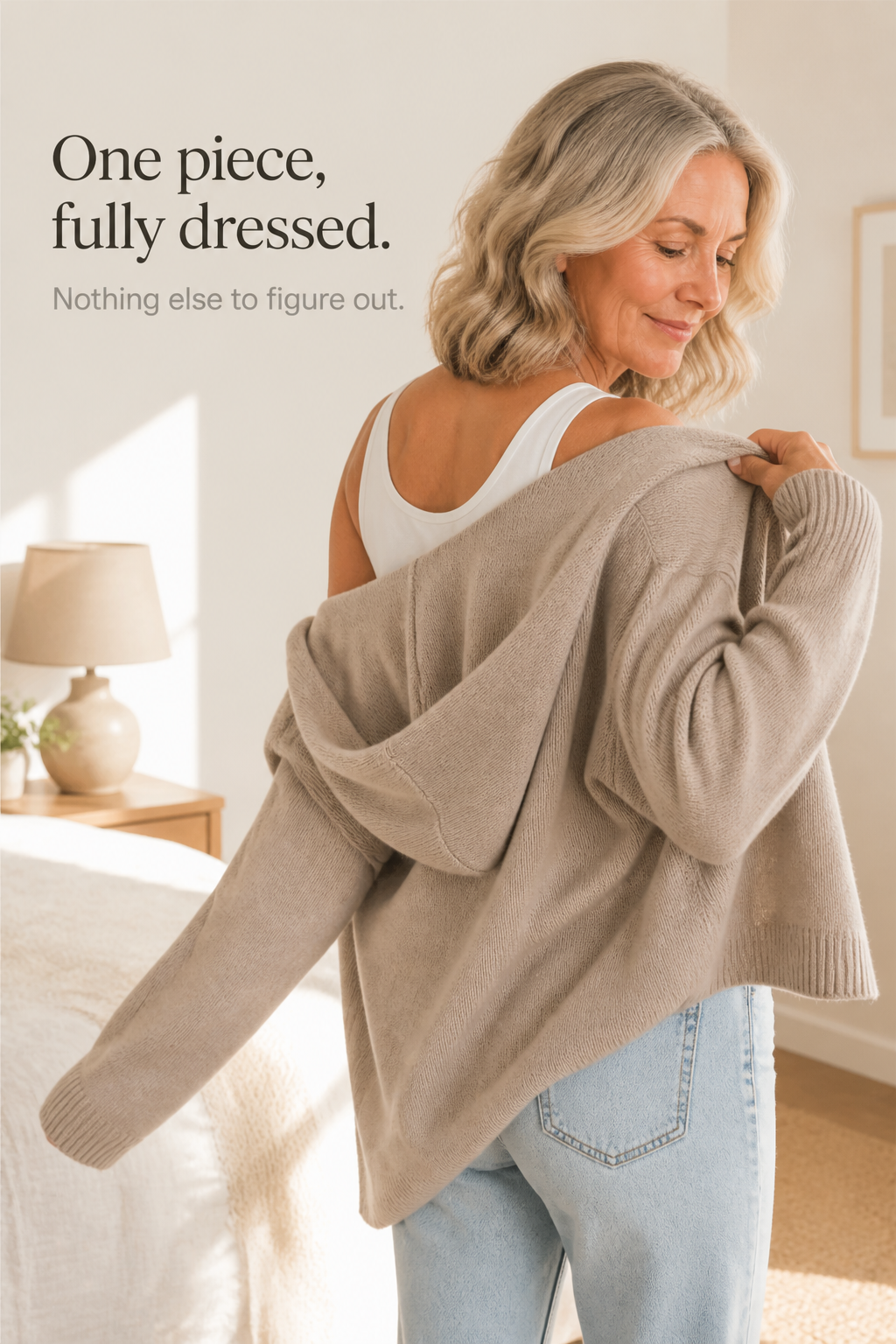 Apricot hooded cardigan shown from the back with relaxed fit and drawstrings