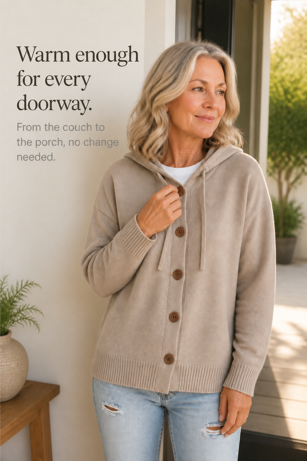 Apricot hooded ribbed knit cardigan with drawstrings and button front