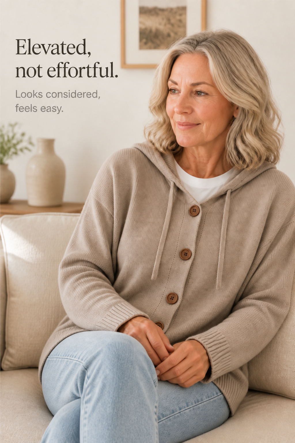Taupe hooded rib-knit cardigan with drawstrings, brown buttons, and ribbed cuffs and hem