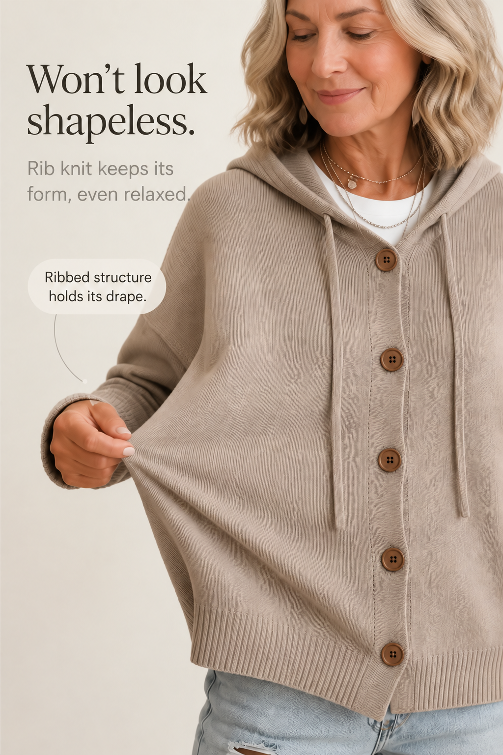 Taupe rib-knit hooded cardigan with drawstrings and brown buttons, shown with a draped fit