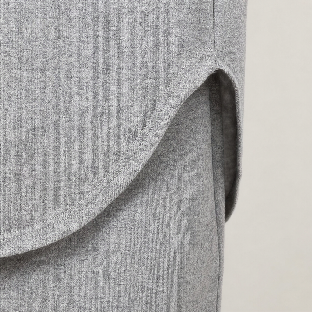 Heather gray knit lounge fabric with curved seam detail