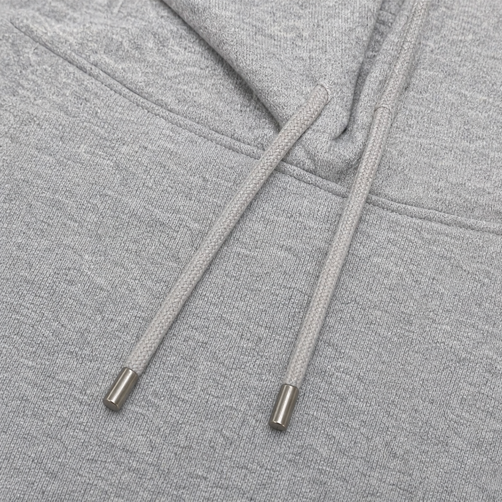 Heather gray drawstring with metal aglets on hood