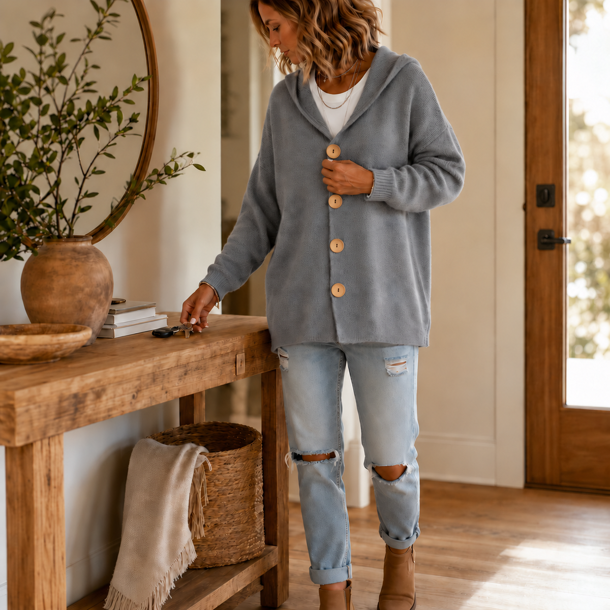 Gray hooded cardigan with button front and relaxed fit