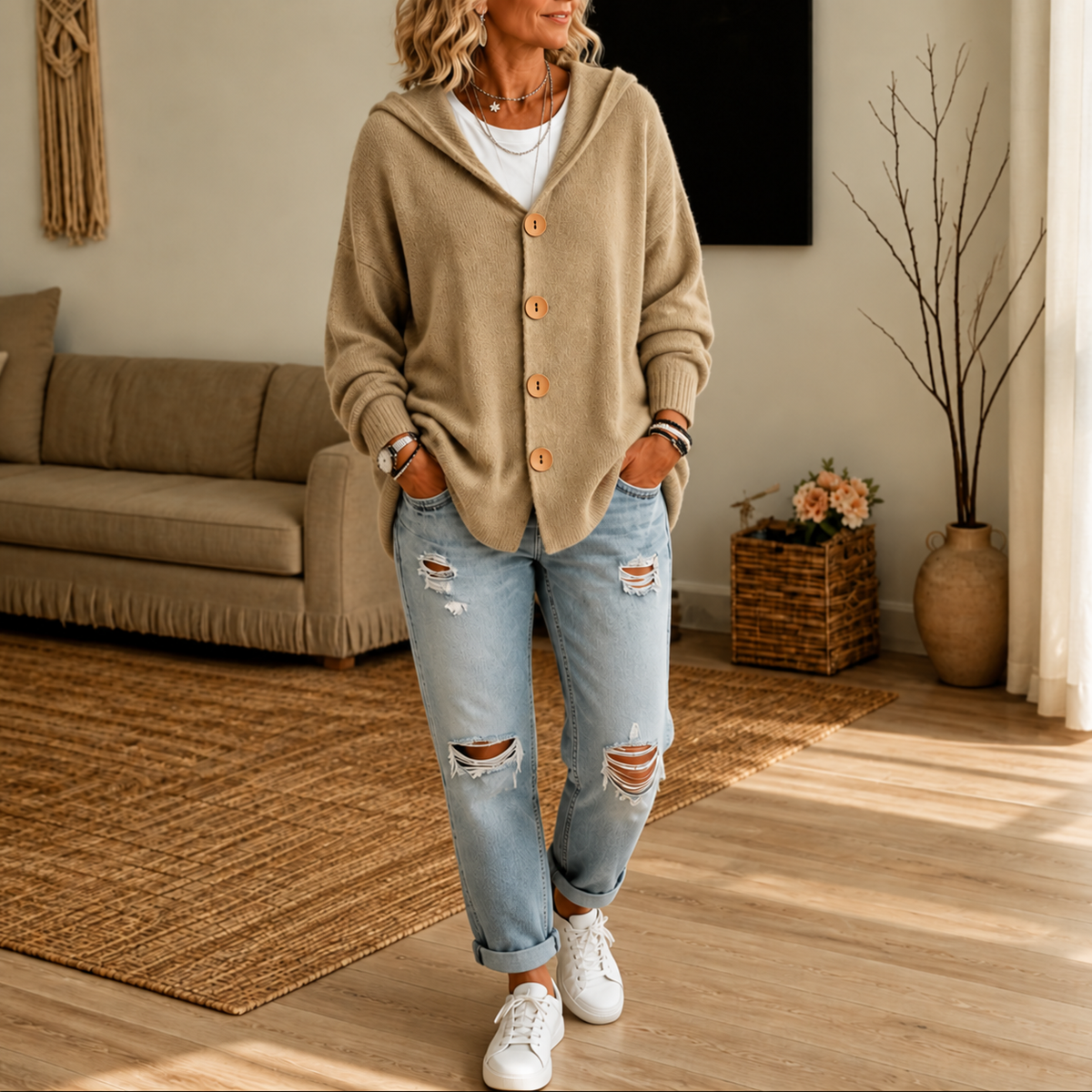 Khaki hooded waffle-knit button-front cardigan with ribbed cuffs