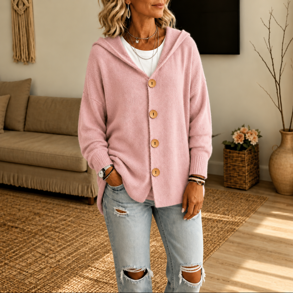 Pink hooded waffle-knit button-front cardigan with ribbed cuffs