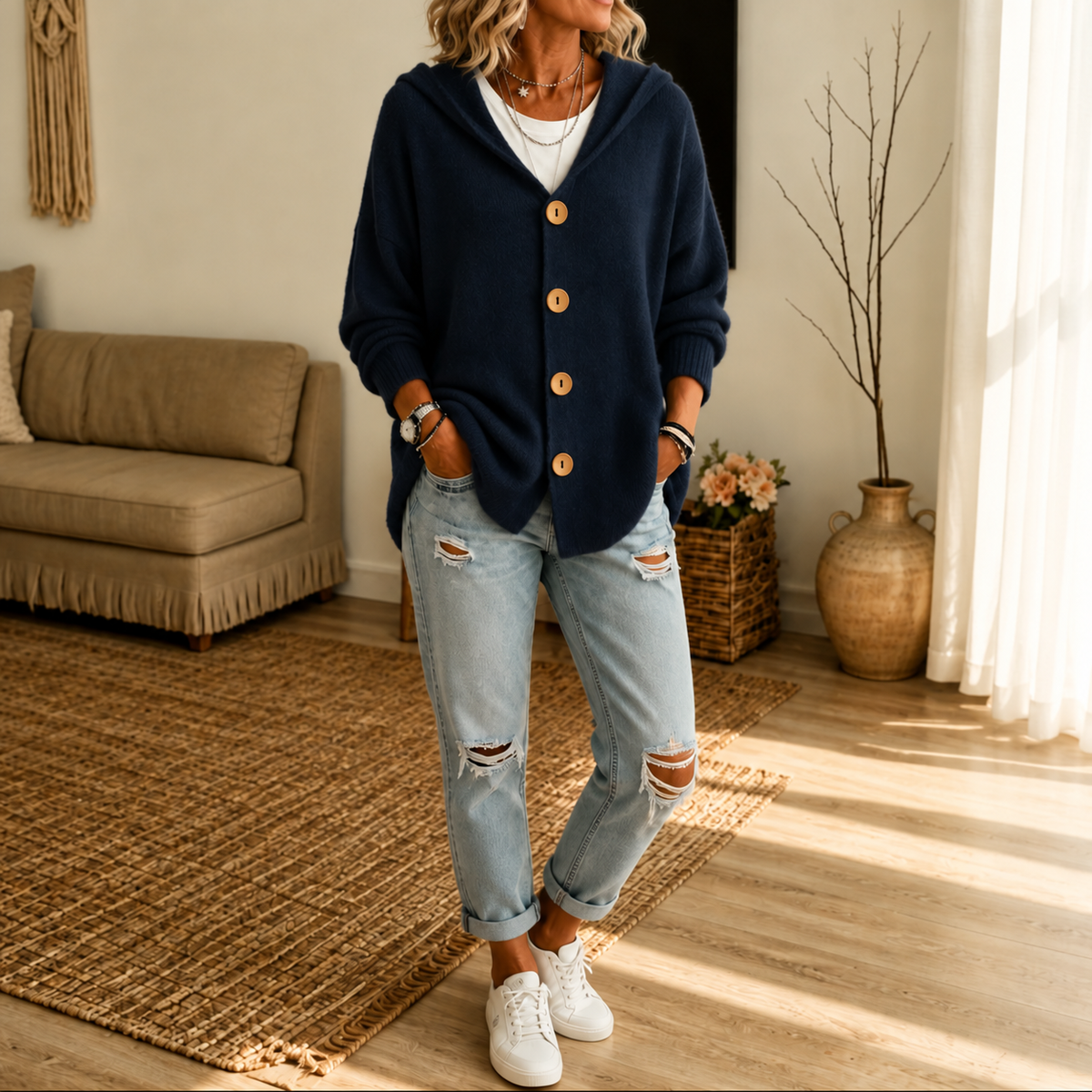 Navy hooded waffle-knit button-front cardigan with ribbed cuffs